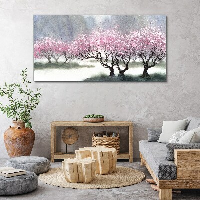 Tableau imprimé sur toile Arbres en fleurs dans la brume printanière