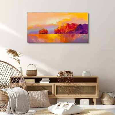 Tableau sur toile Coucher de soleil coloré sur la prairie