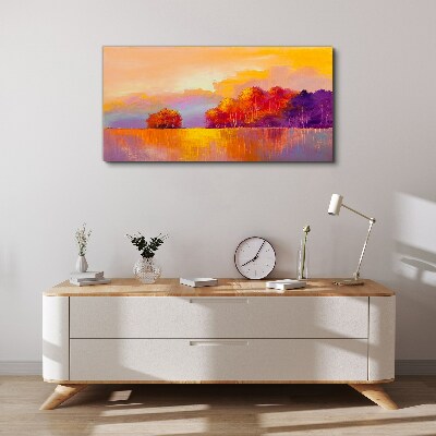 Tableau sur toile Coucher de soleil coloré sur la prairie