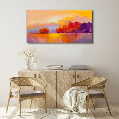 Tableau sur toile Coucher de soleil coloré sur la prairie