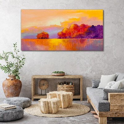 Tableau sur toile Coucher de soleil coloré sur la prairie
