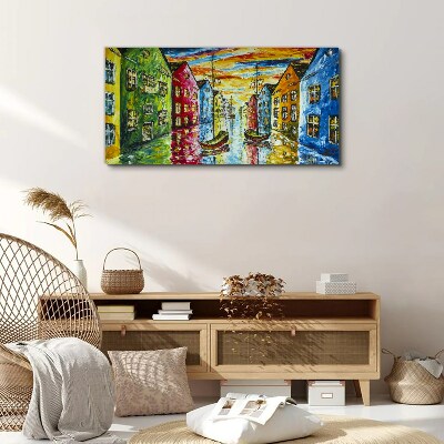 Tableau toile imprimée Maisons colorées au bord de la rivière