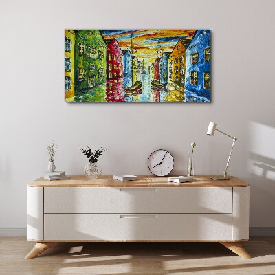 Tableau toile imprimée Maisons colorées au bord de la rivière