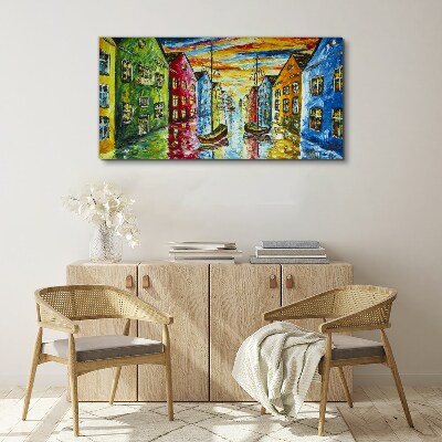 Tableau toile imprimée Maisons colorées au bord de la rivière