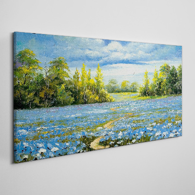 Tableau toile imprimée Paysage de printemps avec des fleurs bleues