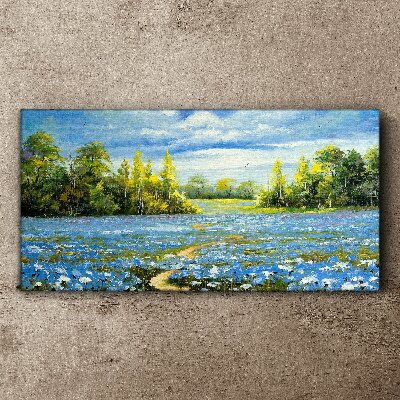 Tableau toile imprimée Paysage de printemps avec des fleurs bleues