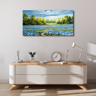 Tableau toile imprimée Paysage de printemps avec des fleurs bleues