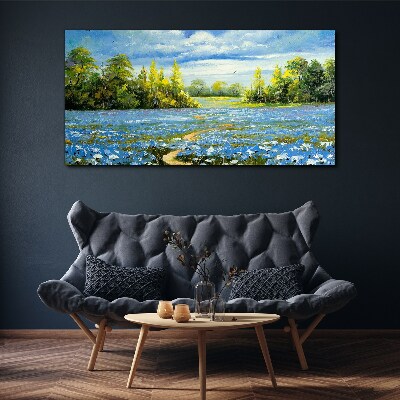 Tableau toile imprimée Paysage de printemps avec des fleurs bleues