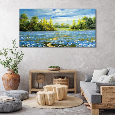 Tableau toile imprimée Paysage de printemps avec des fleurs bleues