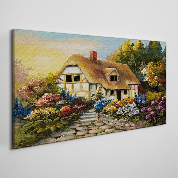 Tableau toile imprimée Un charmant cottage de campagne entouré de fleurs