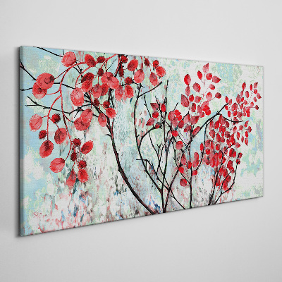Tableau sur toile Feuilles rouges sur fond bleu