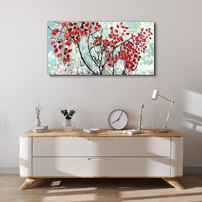 Tableau sur toile Feuilles rouges sur fond bleu