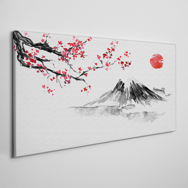 Tableau imprimé sur toile Fleurs de cerisier et paysage de montagne