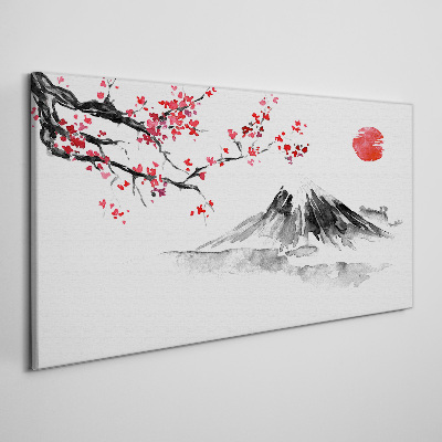 Tableau imprimé sur toile Fleurs de cerisier et paysage de montagne