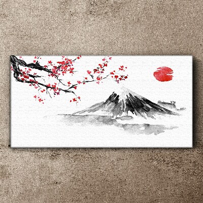 Tableau imprimé sur toile Fleurs de cerisier et paysage de montagne