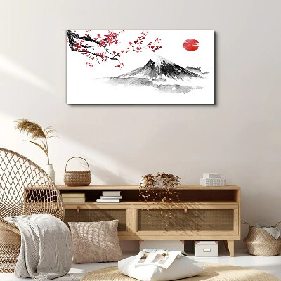 Tableau imprimé sur toile Fleurs de cerisier et paysage de montagne