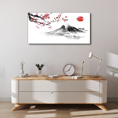 Tableau imprimé sur toile Fleurs de cerisier et paysage de montagne