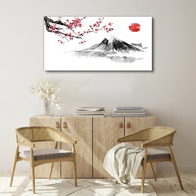 Tableau imprimé sur toile Fleurs de cerisier et paysage de montagne