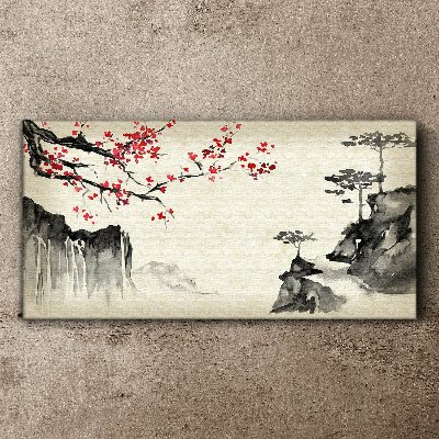 Tableau toile imprimée Paysage avec des branches fleuries