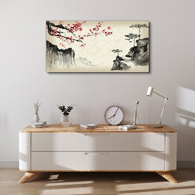 Tableau toile imprimée Paysage avec des branches fleuries