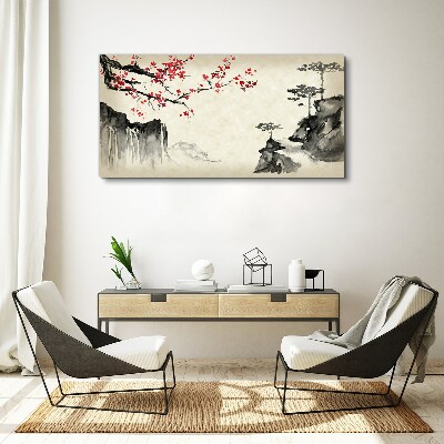 Tableau toile imprimée Paysage avec des branches fleuries