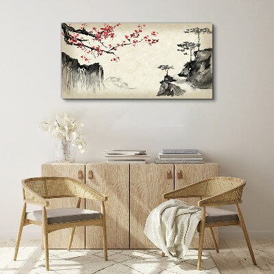 Tableau toile imprimée Paysage avec des branches fleuries