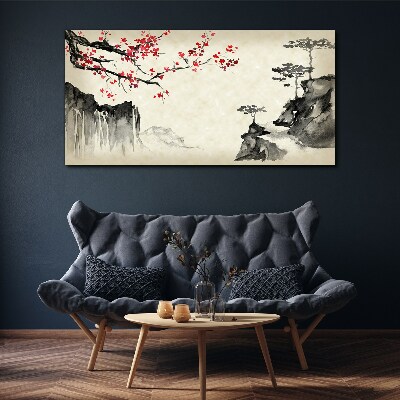 Tableau toile imprimée Paysage avec des branches fleuries