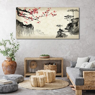 Tableau toile imprimée Paysage avec des branches fleuries