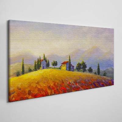Tableau sur toile Paysage ensoleillé avec des maisons sur une colline