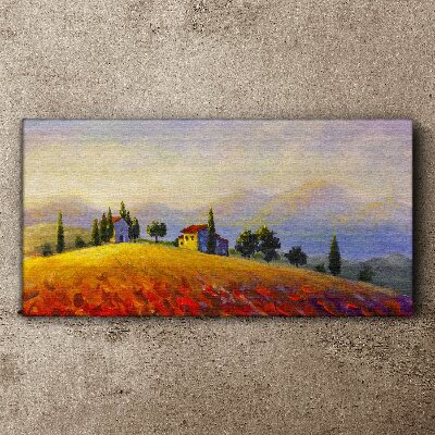 Tableau sur toile Paysage ensoleillé avec des maisons sur une colline