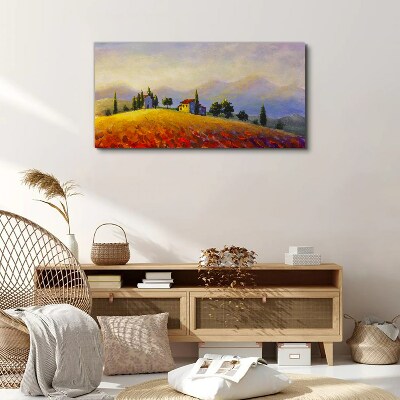 Tableau sur toile Paysage ensoleillé avec des maisons sur une colline