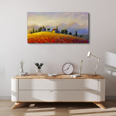 Tableau sur toile Paysage ensoleillé avec des maisons sur une colline