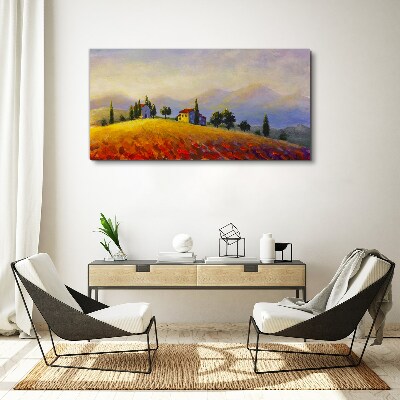 Tableau sur toile Paysage ensoleillé avec des maisons sur une colline
