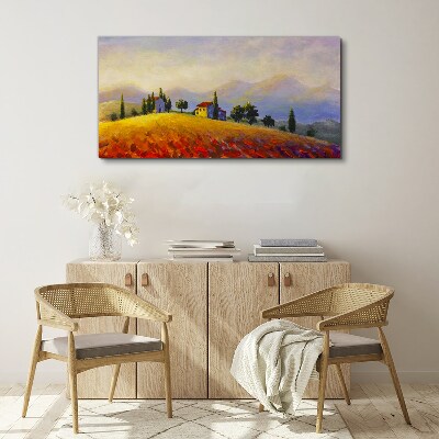 Tableau sur toile Paysage ensoleillé avec des maisons sur une colline