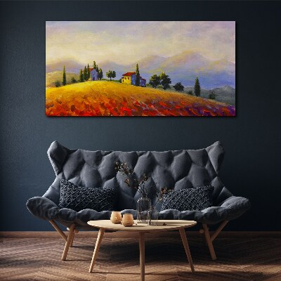 Tableau sur toile Paysage ensoleillé avec des maisons sur une colline