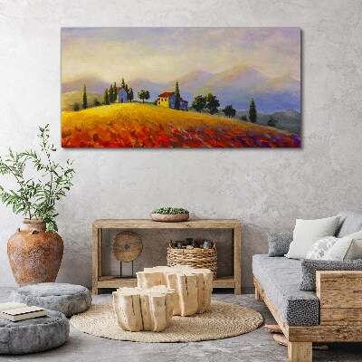 Tableau sur toile Paysage ensoleillé avec des maisons sur une colline