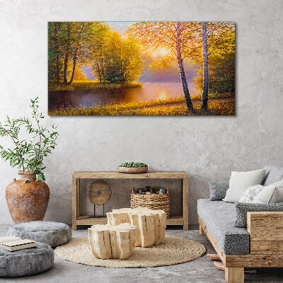 Tableau sur toile Matinée dorée au bord du lac