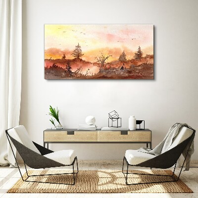 Tableau toile imprimée Coucher de soleil sur un paysage forestier