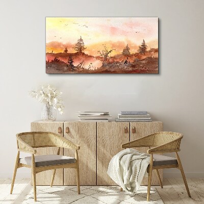 Tableau toile imprimée Coucher de soleil sur un paysage forestier