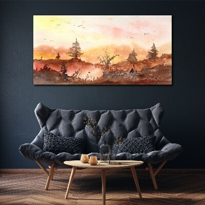 Tableau toile imprimée Coucher de soleil sur un paysage forestier