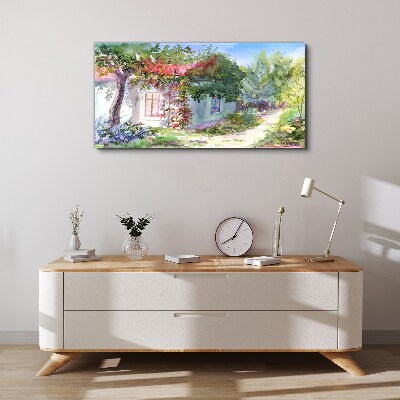 Tableau imprimé sur toile Paysage d'été avec une maison et des arbres