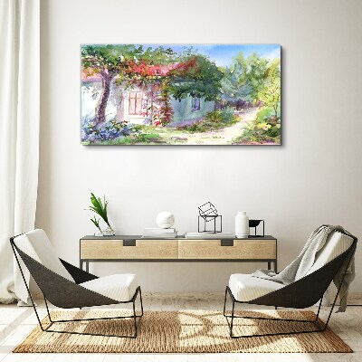 Tableau imprimé sur toile Paysage d'été avec une maison et des arbres