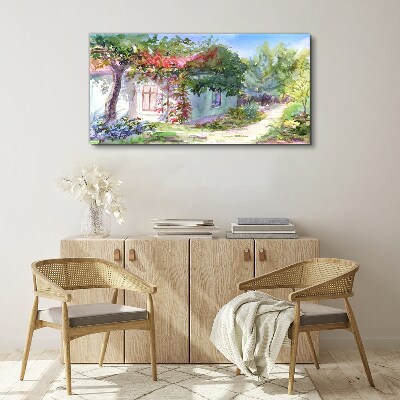 Tableau imprimé sur toile Paysage d'été avec une maison et des arbres
