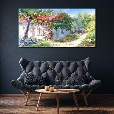 Tableau imprimé sur toile Paysage d'été avec une maison et des arbres