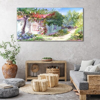 Tableau imprimé sur toile Paysage d'été avec une maison et des arbres