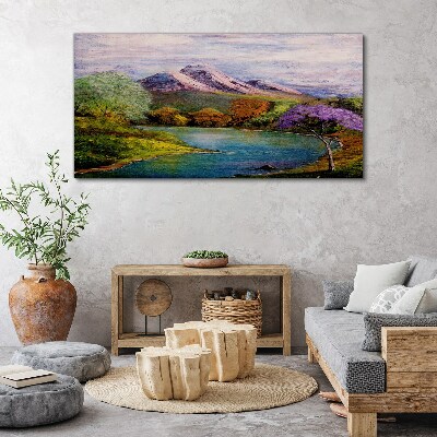 Tableau toile imprimée Paysage de montagne avec un lac