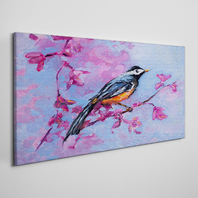 Tableau imprimé sur toile Oiseau de printemps sur des branches roses