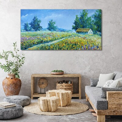 Tableau toile imprimée Paysage d'été avec une maison dans le champ