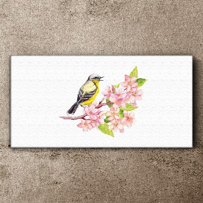 Tableau imprimé sur toile Un oiseau sur une branche avec des fleurs