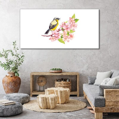 Tableau imprimé sur toile Un oiseau sur une branche avec des fleurs